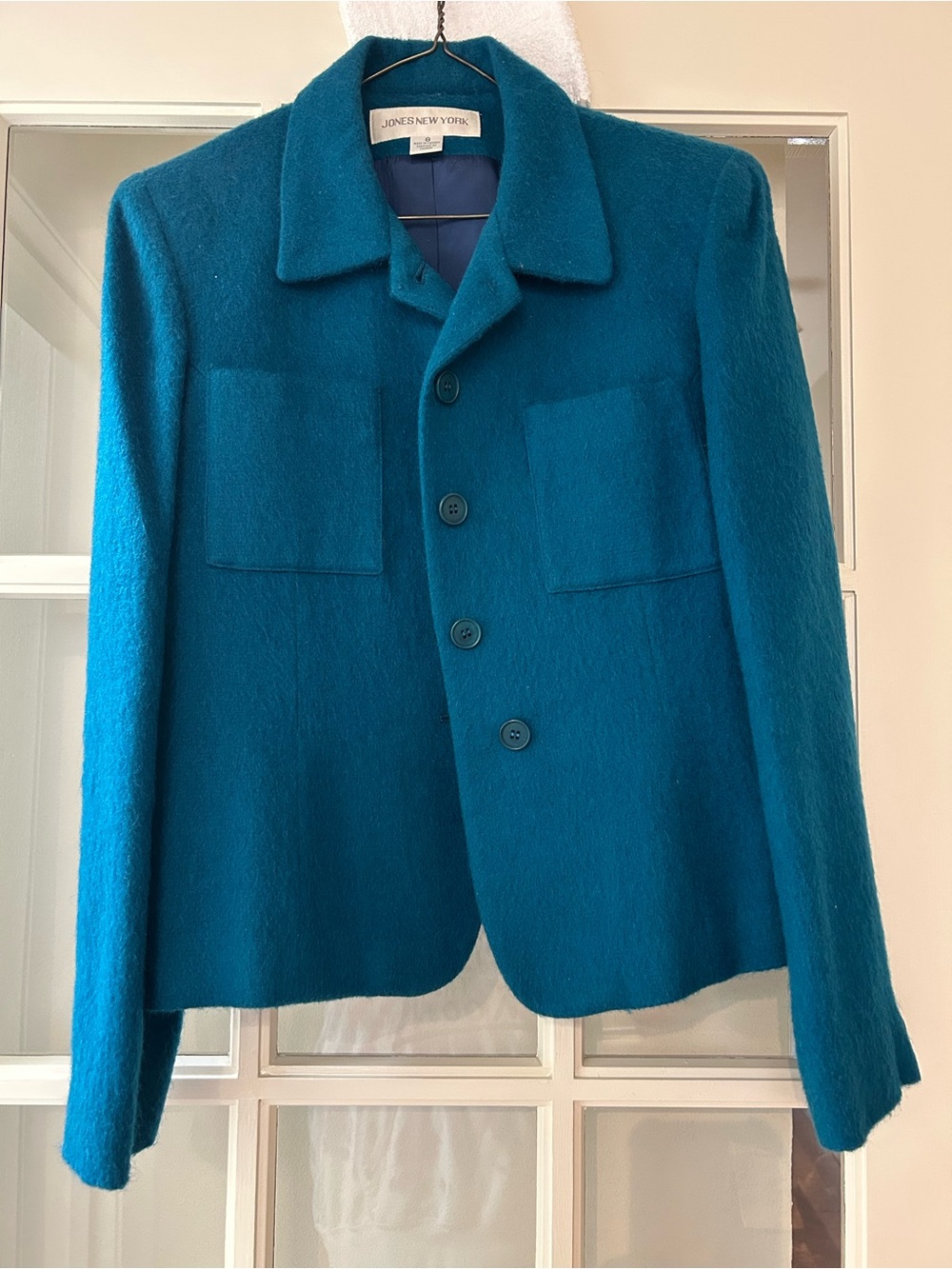 Vintage Teal Wool Blend Jacket Boxy Minimalist Cropped Blazer Jones NY 8